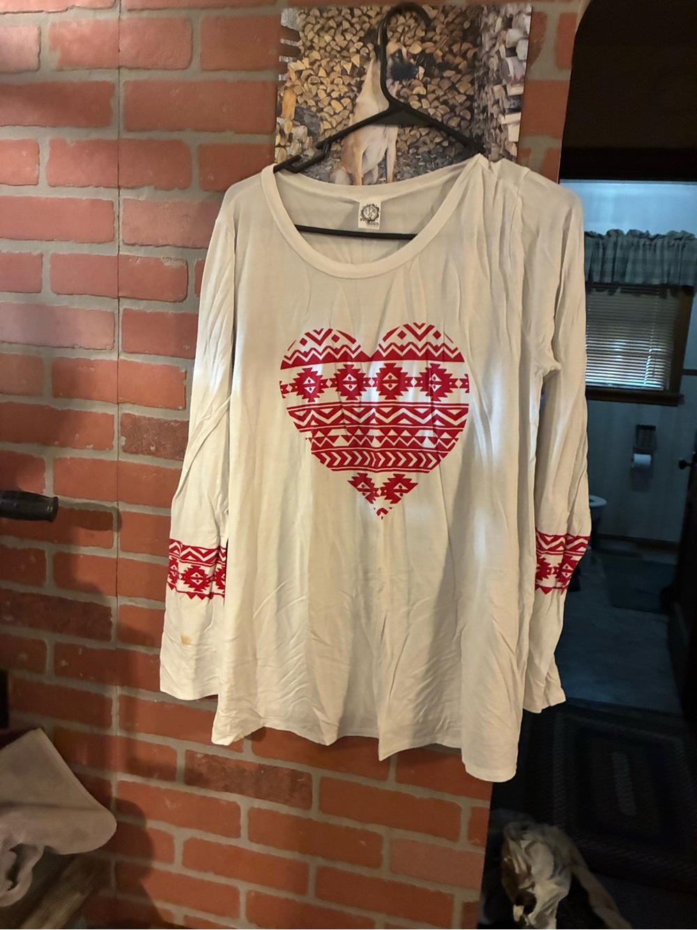 Cream Long-Sleeve Women's Top with Red Heart Motif